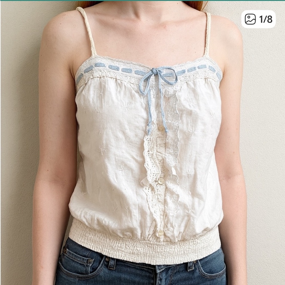 Vintage Hollister Babydoll Camisole Top – Y2K Eyelet Lace Ruffle Bow White Tank
